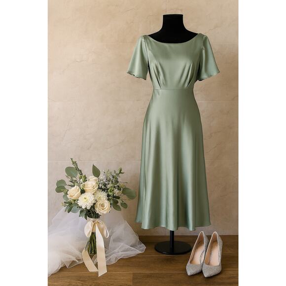 Baltic Born Sage Green Satin Midi Dress Small Wedding Guest Bridesmaid Softgirl - Picture 1 of 11